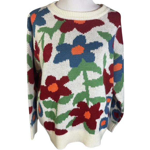 BiBi  Crewneck Floral Knit Sweater with Red, Blue, Green, Orange Flowers Size M - Picture 2 of 7